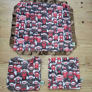 Cozy Wozy 3 pc Sock Monkey Minky Security Blanket Lovey Bib Burp Cloth Set Lot